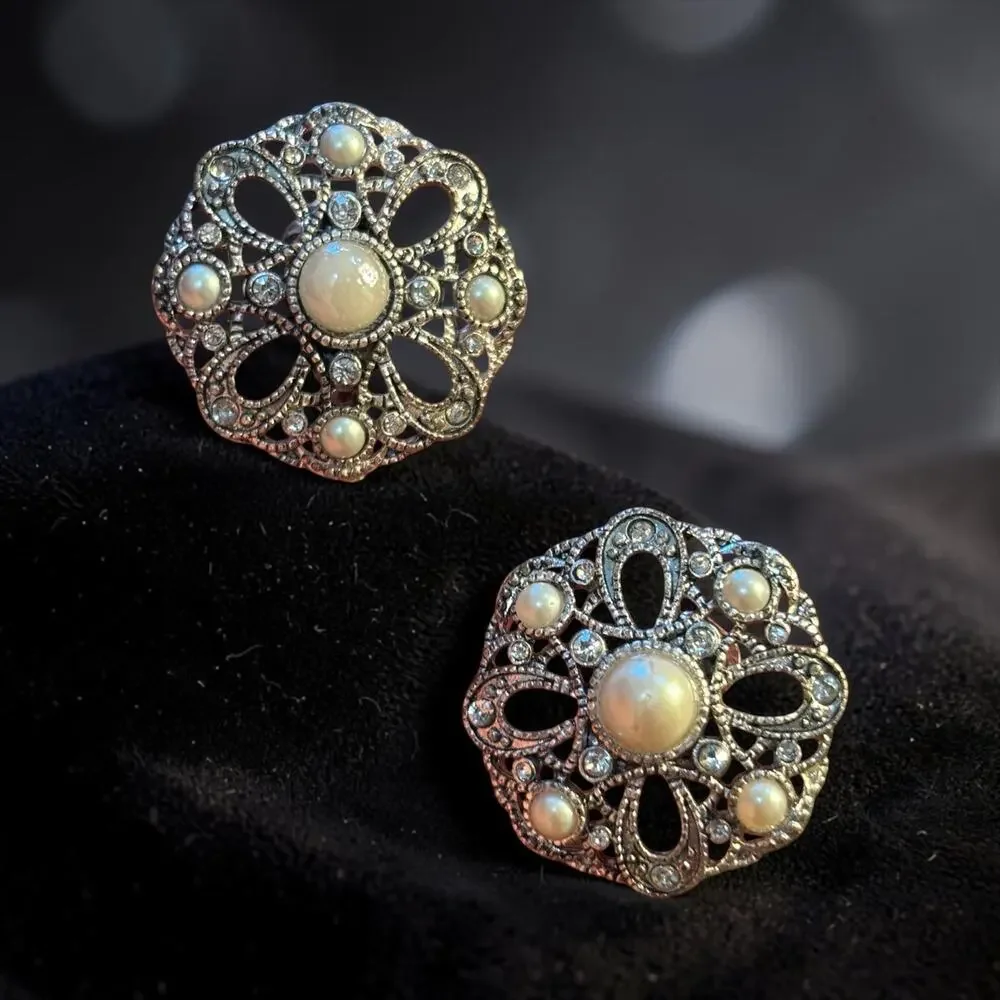 Art Deco Pearl Rhinestone Filigree Flower Clip Earrings Bridal Glam Vintage